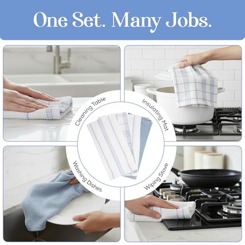Kitchen Towels Set of 4 Dish Towels Blue n White Waffle Weave Cotton Hand Towels (Blue N White)