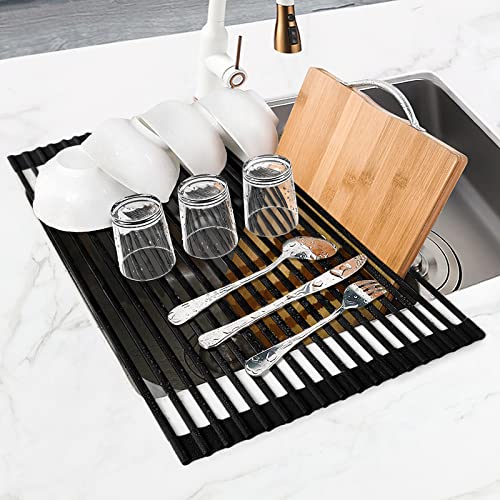 Roll Up Over The Sink Dish Drying Rack Silicone Wrapped Foldable (Rectangle-black / Rectangle: 17.5" x 11")