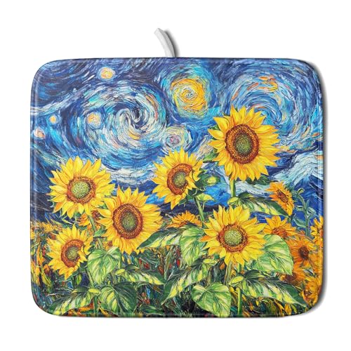 Sunflower Dish Drying Mat for Kitchen Counter 18x16 Inch Starry Night Drying Mat with Absorbent Reversible Microfiber Farmhouse Floral Dish Drainer Mats Rack Pad for Coffee Countertop Protector (Blue Yellow / 18" x 16")