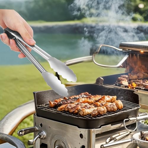 6pcs Stainless Steel Serving Tongs Gold or Silver Plated 9inch Heavy Duty Durable BBQ Clamps Design for Weddings Parties Banquets Buffets Family Gatherings Kitchen Cooking Serving Clip (Silver)