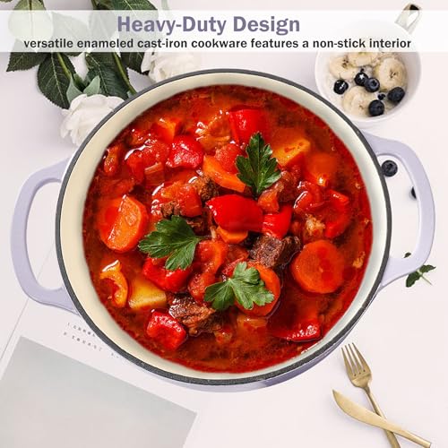 6 Quart Enameled Cast Iron Dutch Oven Pot with Lid Heavy Duty Dutch Oven for Bread Baking Braising Stews Roasting Oven Safe up to 500°F Dual Handles Purple (Purple)