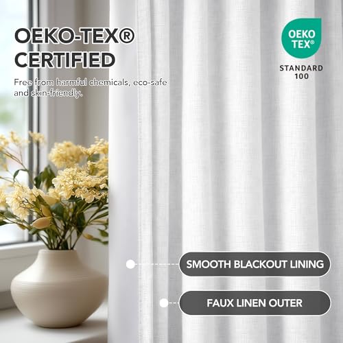 Pinch Pleated 100% Blackout Linen Curtains 96 Inch for Living Room (Cream White/Linen Total Blackout / 40"W x 96"L (Pack of 2))