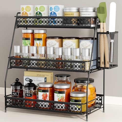 Vintage 3 Tier Bathroom Counter Organizer with Bonus Basket (Black / 3 Tier Large with Basket)
