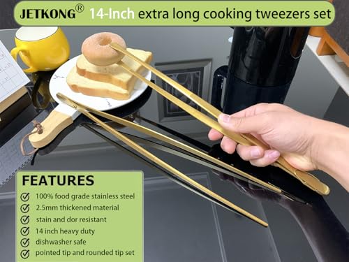 2 Pcs 14 Inch Cooking Tweezers Extra Long Stainless Steel Food Tweezers Kitchen Tweezer Tongs (14+14 Inch / Gold)