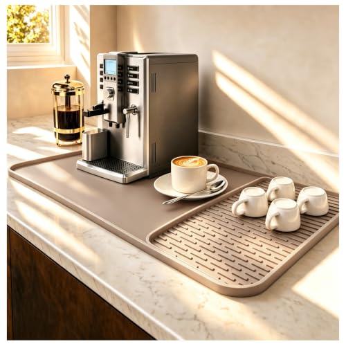2 In 1 Silicone Coffee Bar Mat Accessories for espresso Machine with Detachable Dish Drying Rug Waterproof Kitchen Office House Gadgets Under Sink Drainer Supplies 16"x20" Beige (Beige / 20" x 16")
