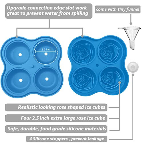 Rose Ice Cube Tray 2.5 Inch [1 Mold + 1 Funnel + 4 Stoppers] (Four 2.5-inch Rose Ice (Blue) / 1 Pack Rose Ice Cube Tray)
