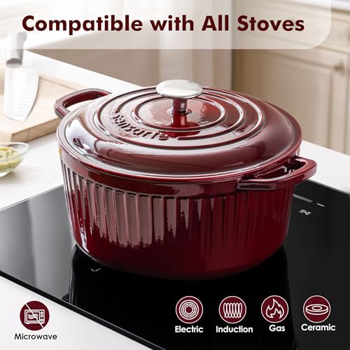 6.5QT Enameled Cast Iron Dutch Oven Pot with Lid&Cotton Potholders (Burgundy Red / 6.5 Quarts)