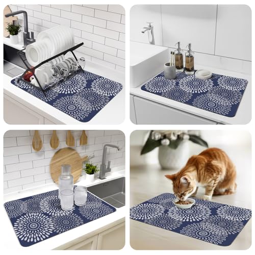 Dish Drying Mat Absorbent Kitchen Counter Mat Rubber Backing Draining Mat (Blue / 16" x 24")