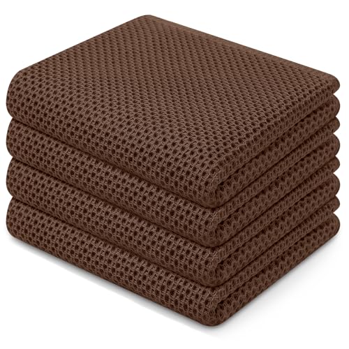 100% Cotton Waffle Weave Kitchen Dish Towels 4 (Coffee / 13 X 28 - 4 Pack)