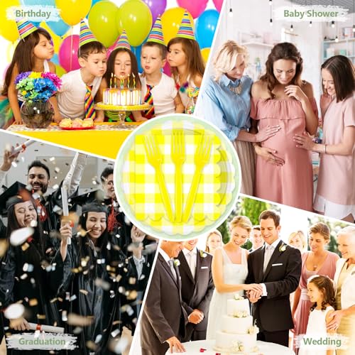 75 Yellow Gingham Paper Plates&Napkins Disposable for Party (Yellow Gingham 75 Plates Set / 7-inch Set)
