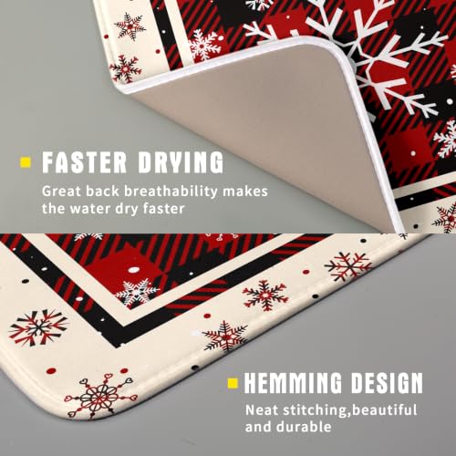 16"x18" Christmas Snowflakes Dish Drying Mat Xmas Red Black Buffalo Plaids Winter Snow Dish Drainer Mats Microfiber Reversible Dish Drying Rack Pad for Kitchen Countertop Tabletop Decor (18" x 16")
