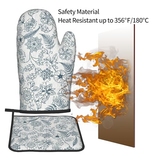 Blue Floral Oven Mitts Set (Vintage Blue White Floral)
