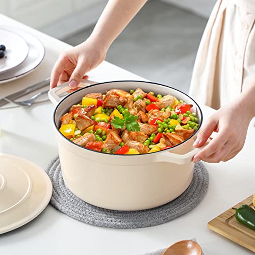 6 Qt Round Enameled Cast Iron Dutch Oven with Lid & Handles (6 Qt-round / Cream)
