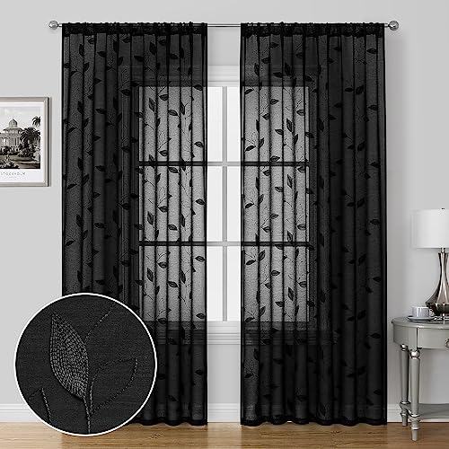 Black Sheer Curtains Leaf Embroidered (52"W x 84"L (Pack of 2) / Black)
