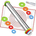 Adjustable Rolling Pin With Thickness Rings&Silicone Baking Pastry Mat Set (A-Red)
