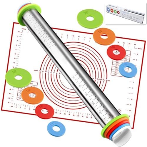 Adjustable Rolling Pin With Thickness Rings&Silicone Baking Pastry Mat Set (A-Red)