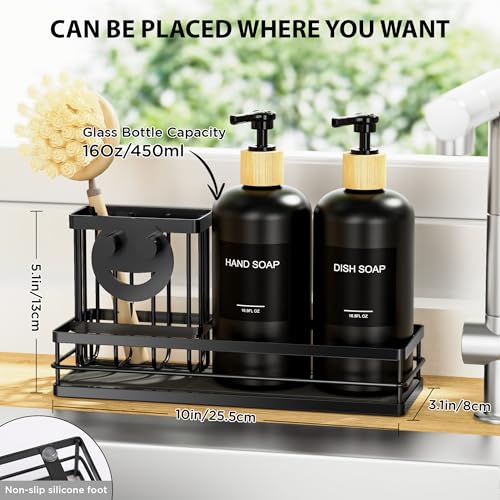 Kitchen Dish Soap Dispenser Set (Black Tray+black Bottle+labels)