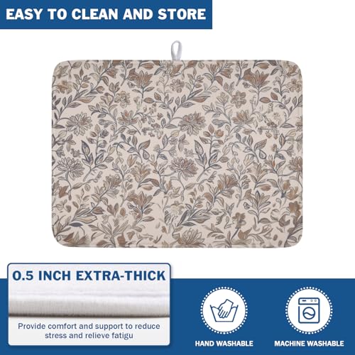 Vintage Floral Dish Drying Mat for Kitchen Counter Brown Antique Flower Microfiber Dish Drainer Mat Rustic Neutral Absorbent Washable Drying Pad Extra Large 18"x24" (Vintage Floral / 24" x 18")