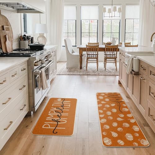 Orange Hello Pumpkin Fall Kitchen Mats Set of 2 (17" x 29" /17" x 47" / Orange)