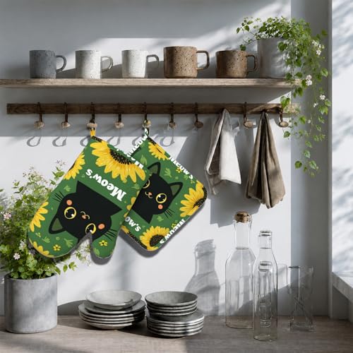 Black Cat Oven Mitts and Pot Holders Sets Cartoon Sunflower Silicone Heat Resistant Kitchen Oven Gloves Pot Holder for Cooking Baking Grilling BBQ (Black Cat)