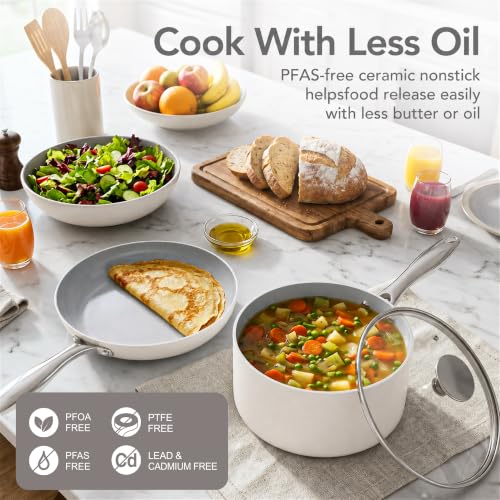 Pots and Pans Set Non Stick 8 Piece Ceramic Cookware Set Cream (Cream)