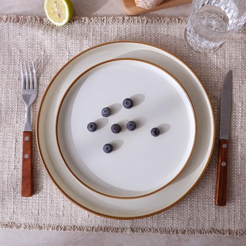 Nebula 16 Piece Stoneware Dinnerware Set with Pasta Bowls (Vanilla White with Brown Rim / Service for 4 (Include Pasta Bowls))