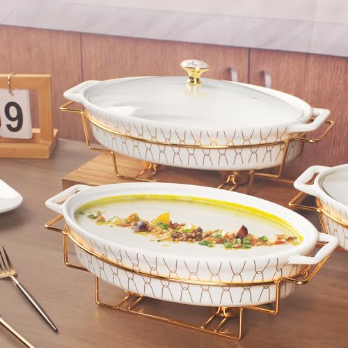 10" x 7" Ceramic Oval Casserole Dish with Glass Lid and Gold rack (White with rack / 10" x 7")
