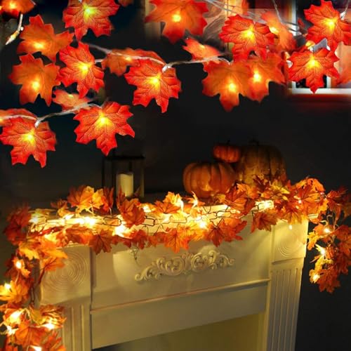 Fall Decor 2 Pack Fall Garland with Lights Enlarged Maple Leaves 20Ft 40LED (2 Pack)