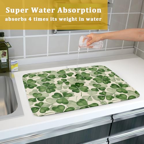 St Patrick's Day Dish Drying Mat for Kitchen Counter 18x24 Saint Patricks Clover Shamrock Green Print Absorbent Reversible Microfiber Drying Mats Kitchen Countertop Protector Dishes Drainer Rack Pad (18" x 24")