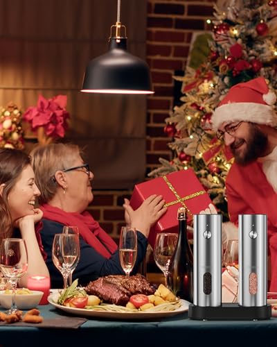 Electric Salt and Pepper Grinder Set with Rechargeable Base (Stainless Steel)