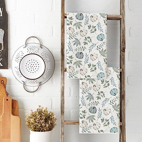Blue Leaves Pumpkin Fall Kitchen Towels Set of 3 18x26 Inch (Blue)