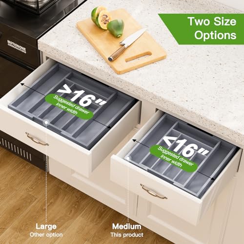 Bamboo Expandable Silverware Drawer Organizer (Grey / Medium)
