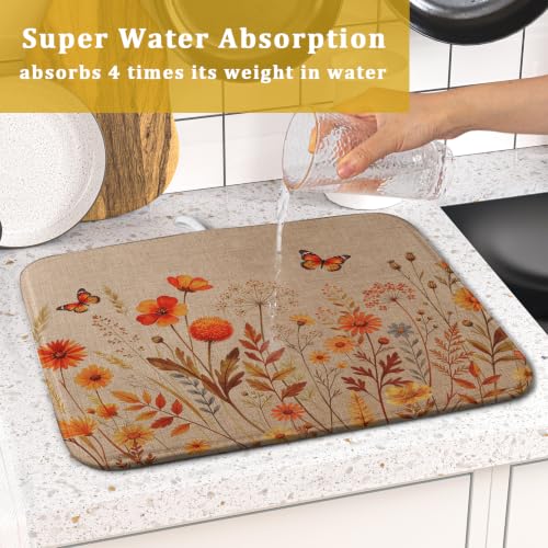 Rustic Fall Flowers Dish Drying Mat Retro Autumn Orange Floral Butterfly Dish Drainer Mats 16"x18" Microfiber Reversible Dish Drying Rack Pad Protector for Kitchen Countertop Decor (18" x 16")