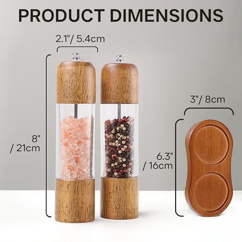 Wooden Salt and Pepper Grinder Set (8 Inches-2 Packs with Tray)