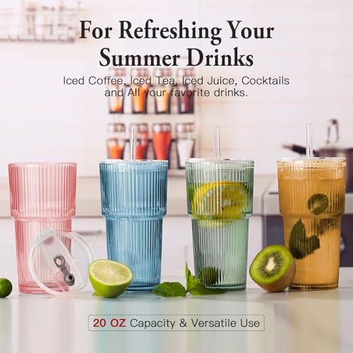 4PCS Colored Ribbed Glass Cups with Lids and Straws (Colored-4)