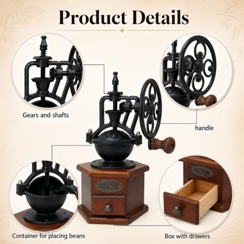 Vintage Manual Coffee Grinder with Cast Iron Ferris Wheel Hand Crank (Espresso Brown (Hexagon Base))