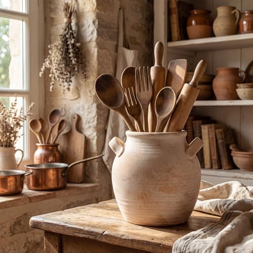 Rustic Utensil Crock Kitchen Vintage Utensil Holder (Rustic Beige)