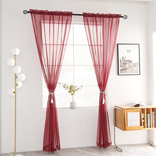 Solid Sheer Rod Pocket Curtain Voile Draperies 2 Panels White Beige Black Grey Coffee 52 Inch Width 96 Inch Long 1 Pair for Kitchen Bedroom Children Living Room Yard (Wine Red / 52"W x 96"L (Pack of 2))