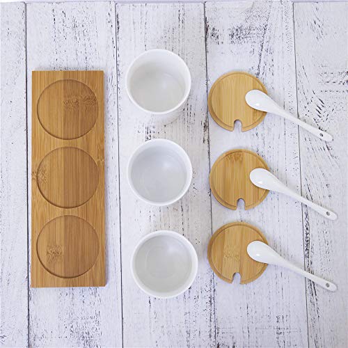 Ceramic Sugar Bowls with Bamboo Lids and Spoons (3 pcs Jar Set(4.1"H x 3.1"D/10.8 fl oz))