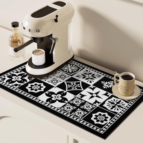 Coffee Bar Mat Hide Stain Rubber Backed Absorbent Drying Mat Modern Kitchen Drying Mat Easy Clean (Retro Black / 19" x 12")
