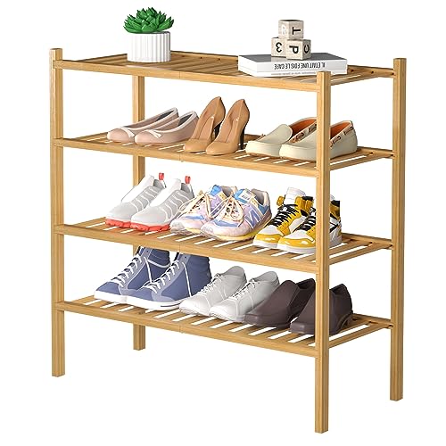 4 Tier Bamboo Shoe Rack for Closet Free Standing Wood Shoe Shelf for Entryway Small Space Stackable 27"x11"x26" (Natural / 4 tier)