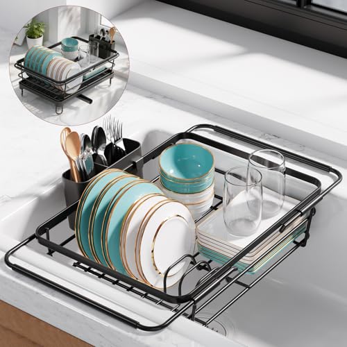 Dish Drying Rack in Sink (Black / With Drainboard - 15.2" x 10" x 4.2")