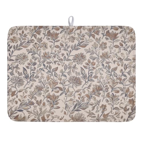 Vintage Floral Dish Drying Mat for Kitchen Counter Brown Antique Flower Microfiber Dish Drainer Mat Rustic Neutral Absorbent Washable Drying Pad Extra Large 18"x24" (Vintage Floral / 24" x 18")