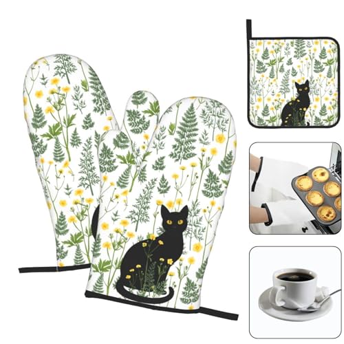 Black Cat Wildflower Hot Pads and Oven Mitts Set of 3 (Wildflower)