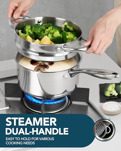 Stainless Steel Saucepans with Steamer 5Pcs (1QT+2QT)