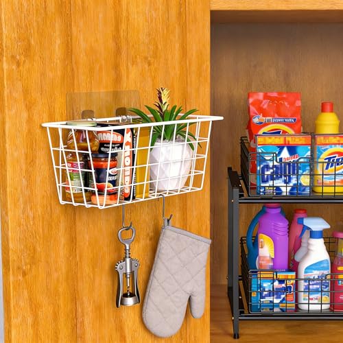 Wall Wire Baskets Adhesive Basket Hanging Kitchen Baskets No Drilling for Cabinet & Pantry Organization and Kitchen (WHITE / 4 PACK)