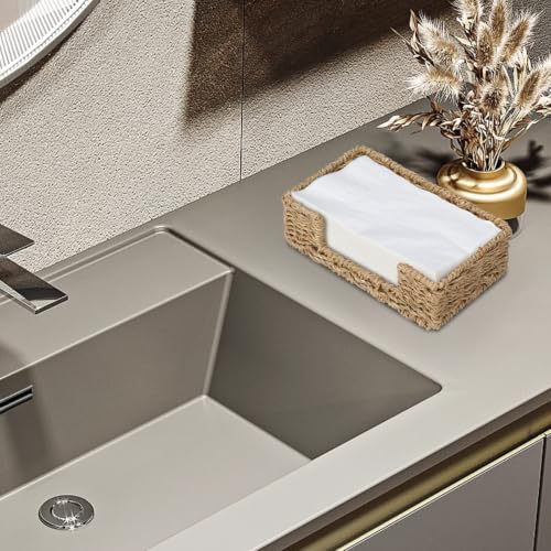 Bathroom Disposable Guest Towel Napkin Holder Long Seagrass Woven Rattan Wicker Table Dinner Paper Hand Guest Towel Napkin Basket Tray Caddy for Kitchen (L9.3" X W5.5" X H2.8")
