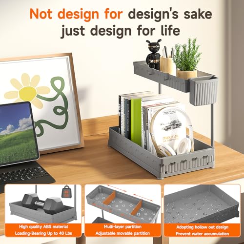 3-Pack 2-Tier L-Shaped Under Sink Organizers with Sliding Drawers (Grey / 14.85 Inch)