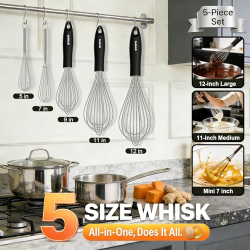 Stainless Steel Kitchen Whisk Set of 5 (5+7 & 9+11+12 inch / 5 Pcs Silver)