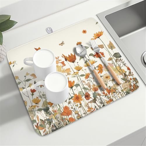 Fall Floral Dish Drying Mat for Kitchen Counter Orange Rustic Vintage Wildflower Pattern Microfiber Dish Drainer Mat Autumn Absorbent Washable Drying Pad Extra Large 16"x18" (Fall Floral / 18" x 16")